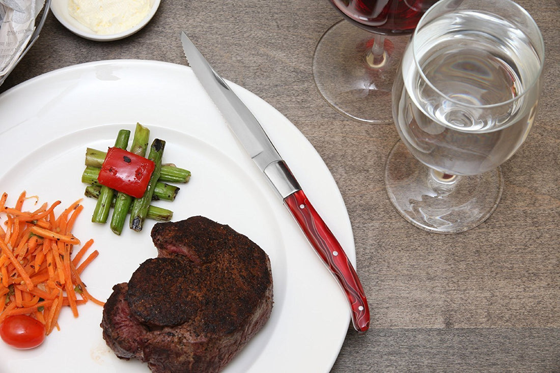 Fortessa - 4 PC 9.25" Serrated Steak Knife Set with Red Handle (23 cm) - 4PS-243