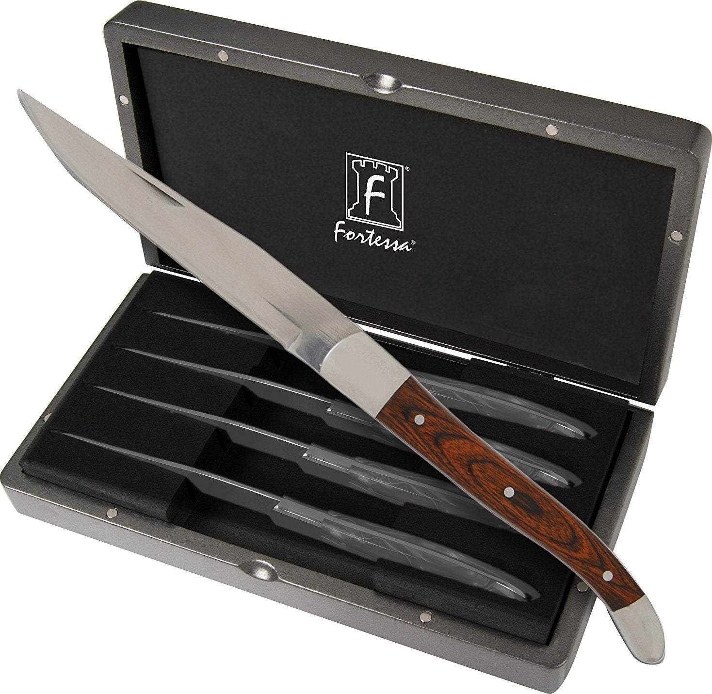 Fortessa - 4 PC 9.25" Non-Serrated Steak Knife Set with Dark Wood Handle (23 cm) - 4PS-247NS