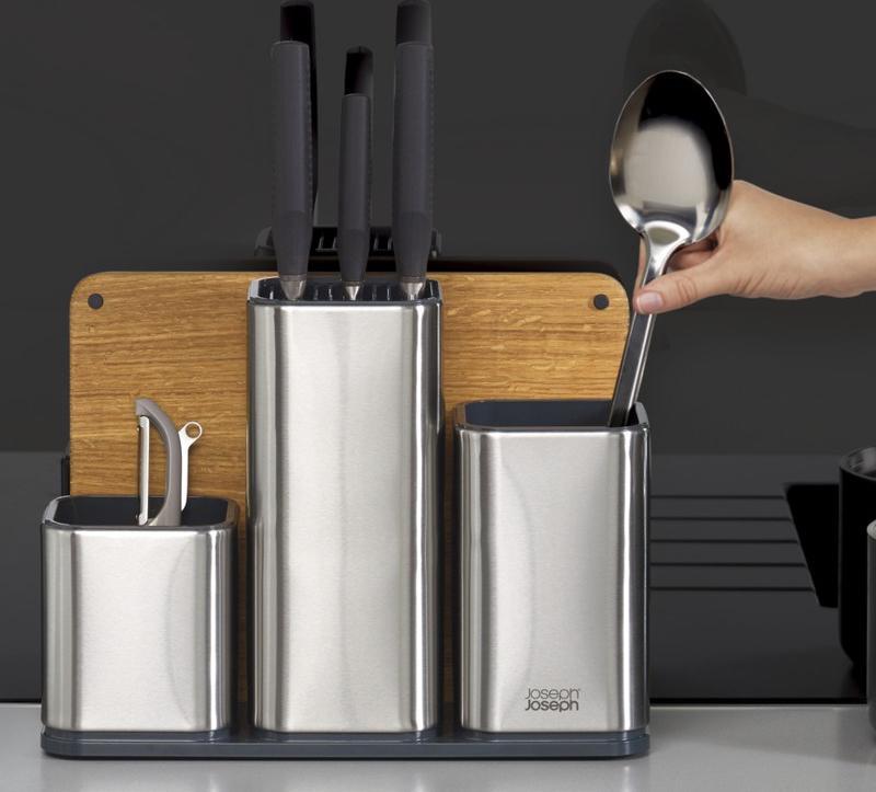 Joseph Joseph - Stainless Steel CounterStore 100 Utensil Organizer with Oak Board - 95026