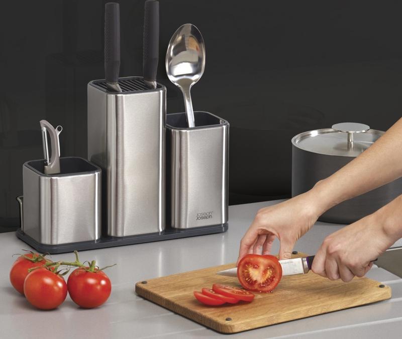 Joseph Joseph - Stainless Steel CounterStore 100 Utensil Organizer with Oak Board - 95026