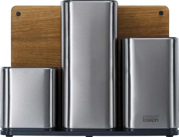 Joseph Joseph - Stainless Steel CounterStore 100 Utensil Organizer with Oak Board - 95026