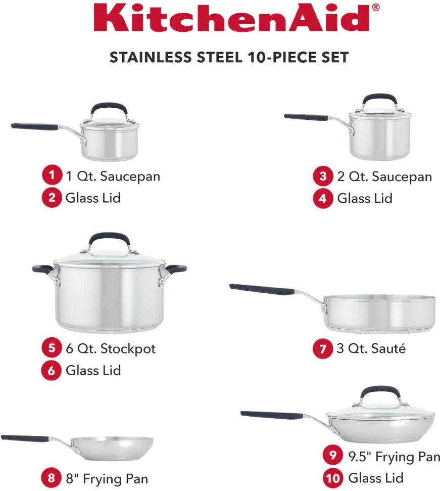 KitchenAid - 10 PC Brushed Stainless Steel Cookware Set - 71017-TF05