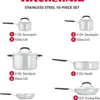 KitchenAid - 10 PC Brushed Stainless Steel Cookware Set - 71017-TF05