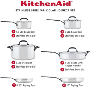 KitchenAid - 10 PC 5-Ply Clad Polished Stainless Steel Cookware Set - 30001