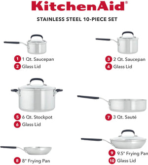 KitchenAid - 10 PC Brushed Stainless Steel Cookware Set - 71017