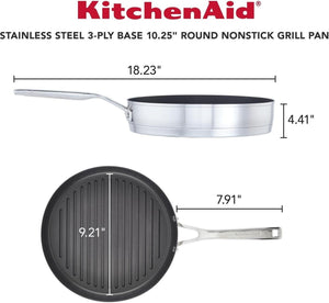 KitchenAid - 10.25" 3-Ply Base Brushed Stainless Steel Nonstick Grill Pan 26cm - 71012