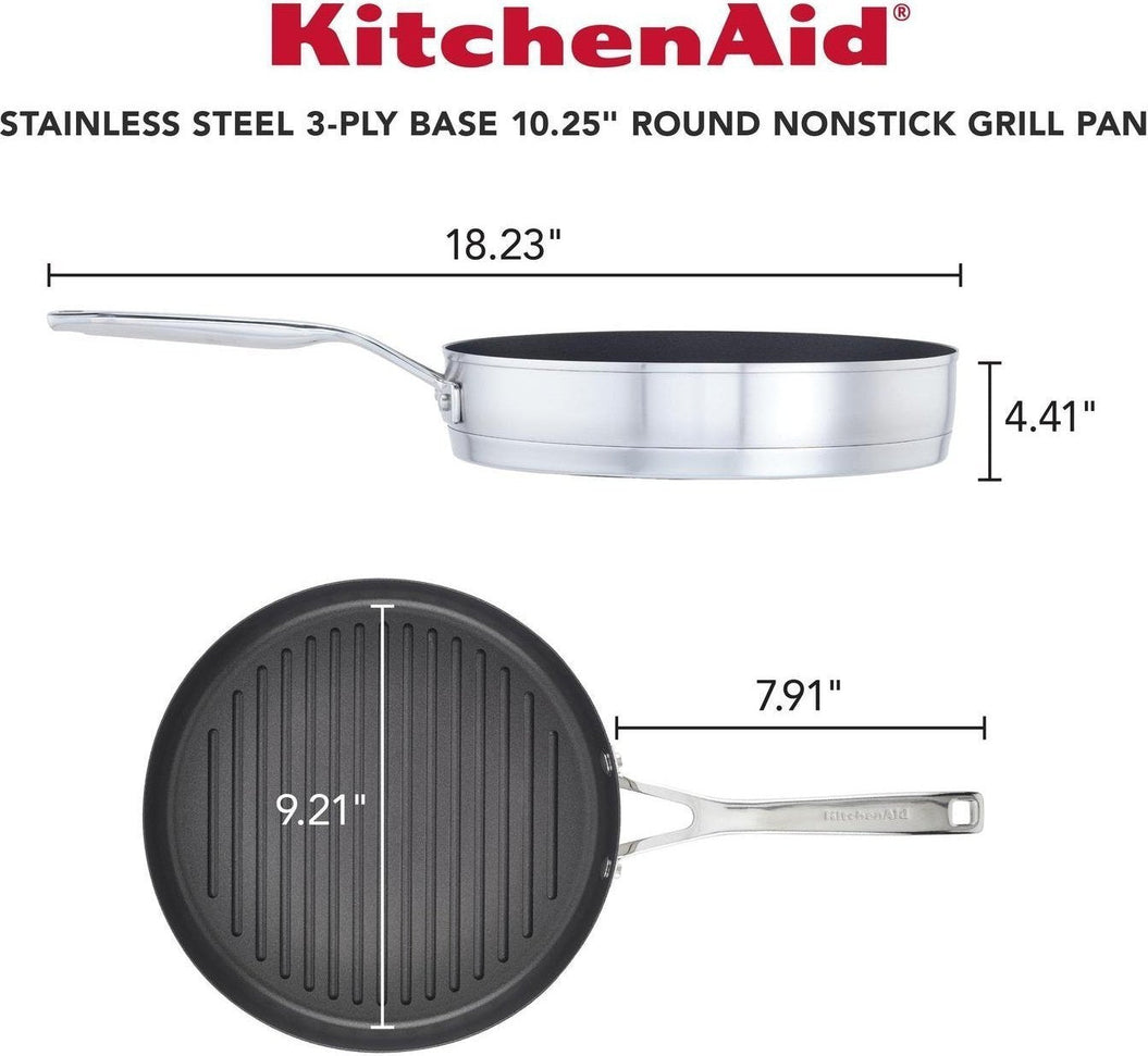 KitchenAid - 10.25"/26 cm 3-Ply Base Brushed Stainless Steel Nonstick Grill Pan 26cm - 71012-TF05