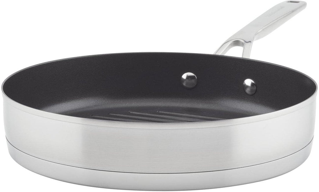 KitchenAid - 10.25"/26 cm 3-Ply Base Brushed Stainless Steel Nonstick Grill Pan 26cm - 71012-TF05