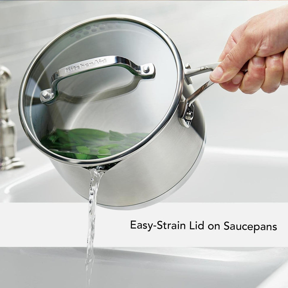 KitchenAid - 11 PC 3-Ply Base Brushed Stainless Steel Cookware Set - 71001-TF05