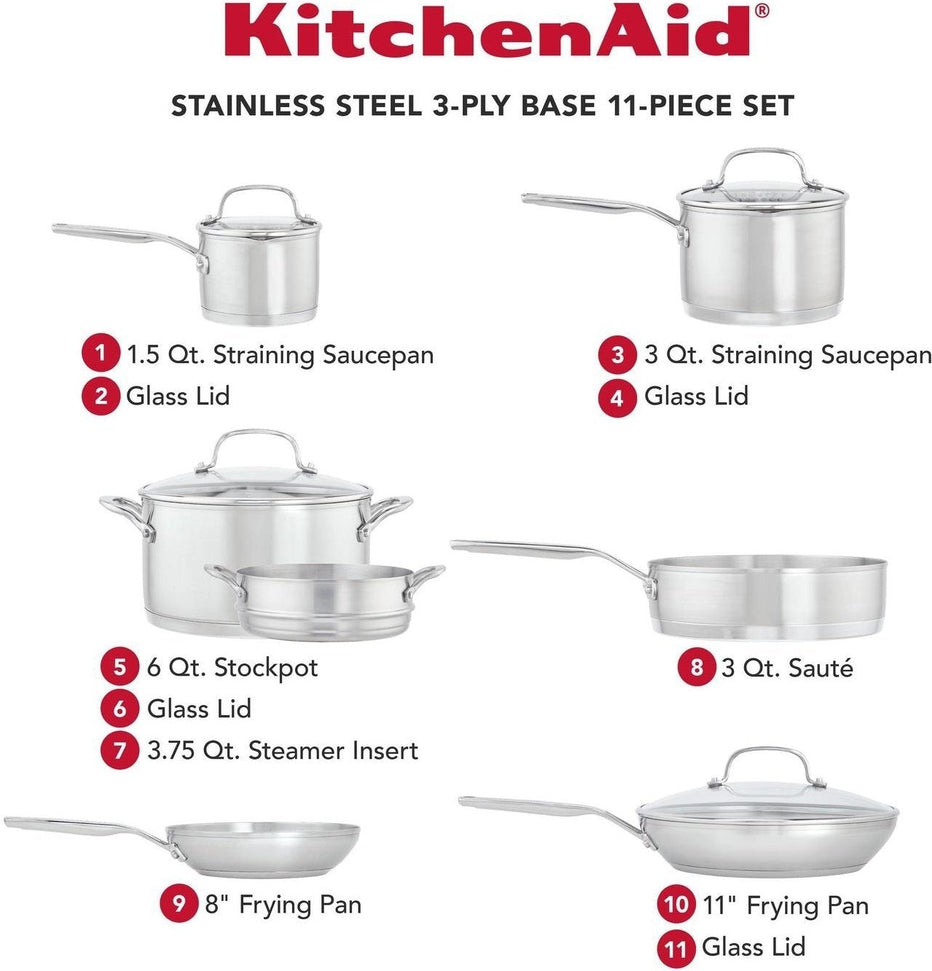 KitchenAid - 11 PC 3-Ply Base Brushed Stainless Steel Cookware Set - 71001-TF05