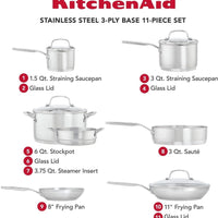 KitchenAid - 11 PC 3-Ply Base Brushed Stainless Steel Cookware Set - 71001-TF05