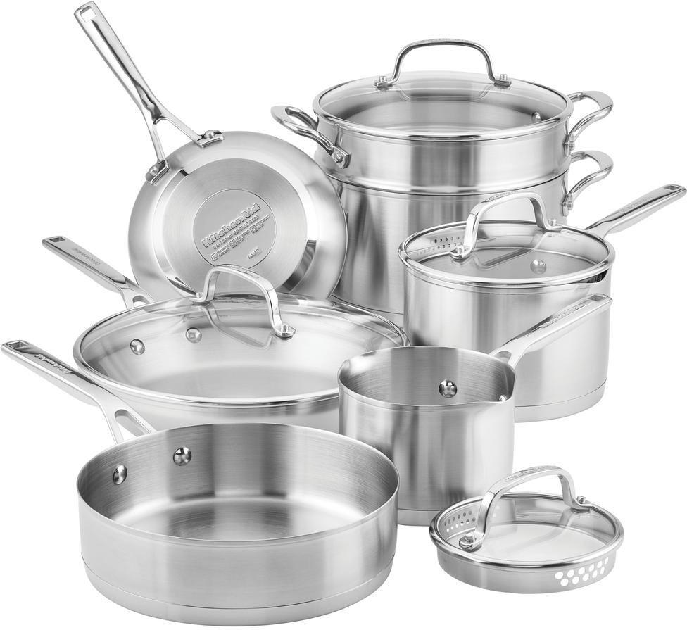 KitchenAid - 11 PC 3-Ply Base Brushed Stainless Steel Cookware Set - 71001-TF05