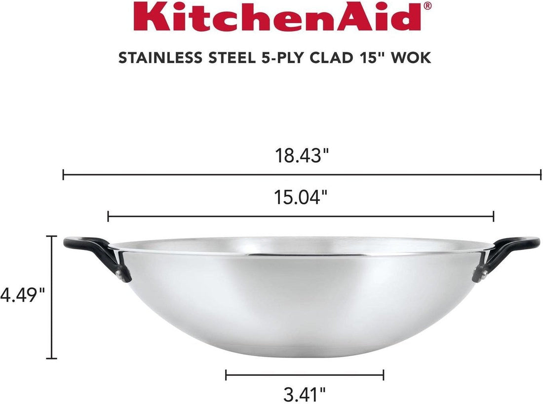 KitchenAid - 15" 5-Ply Clad Polished Stainless Steel Wok 38cm - 30008-TF05