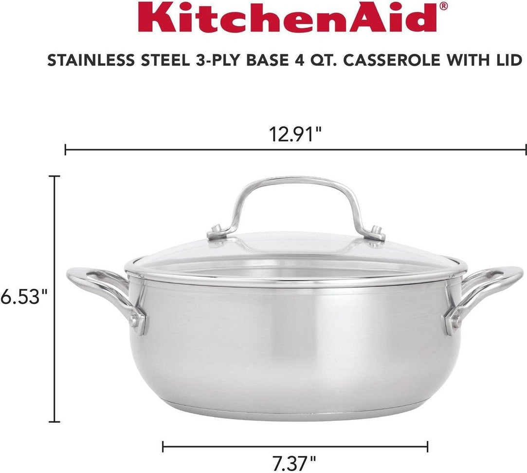KitchenAid - 4 QT 3-Ply Base Brushed Stainless Steel Casserole with Lid 3.8L - 71011