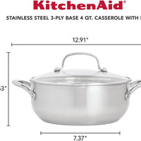 KitchenAid - 4 QT 3-Ply Base Brushed Stainless Steel Casserole with Lid 3.8L - 71011