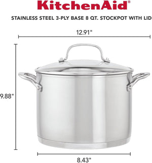 KitchenAid - 8 QT 3-Ply Base Brushed Stainless Steel Stock Pot with Lid 7.6L - 71003