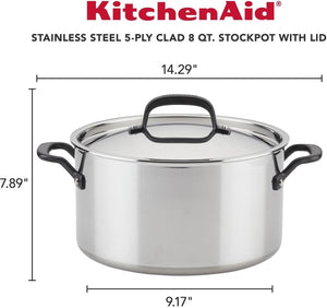 KitchenAid - 8 QT 5-Ply Clad Polished Stainless Steel Stock Pot with Lid 7.6L - 30002