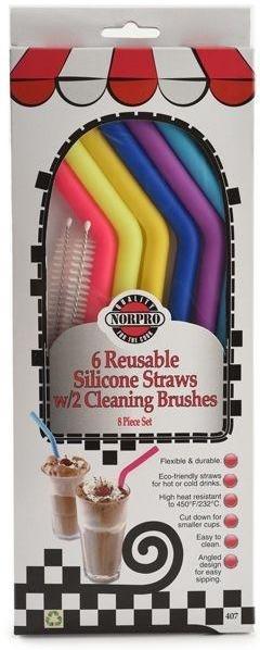 Norpro - 6 Reusable Silicone Straws with 2 Cleaning Brushes - 407