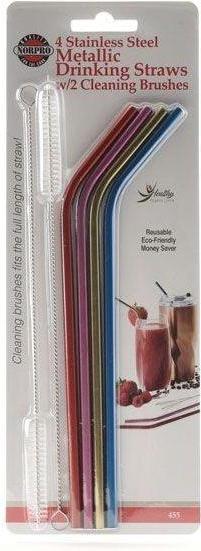 Norpro - Pack of 4 Stainless Steel Metallic Straws with 2 Brushes - 455