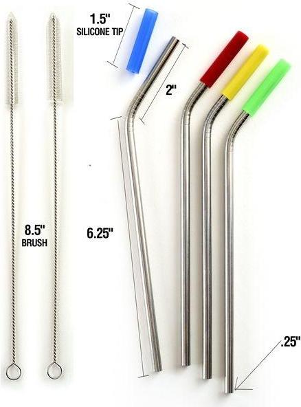 Norpro - Pack of 4 Stainless Steel Silicone Tipped Straws with 2 Cleaning Brushes - 456