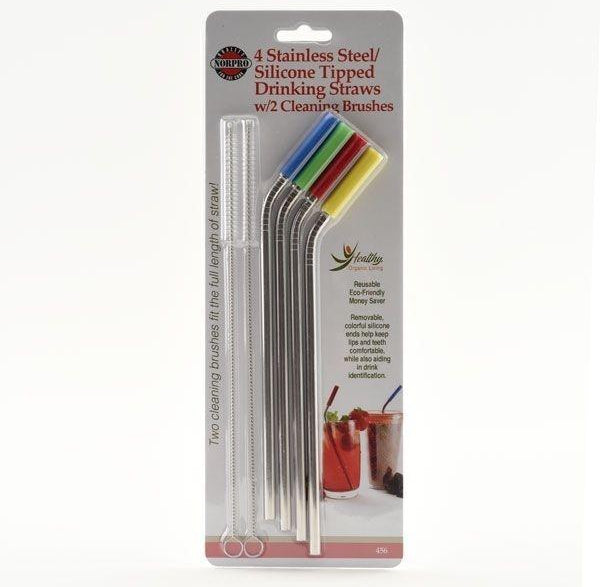 Norpro - Pack of 4 Stainless Steel Silicone Tipped Straws with 2 Cleaning Brushes - 456