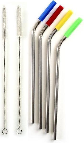 Norpro - Pack of 4 Stainless Steel Silicone Tipped Straws with 2 Cleaning Brushes - 456