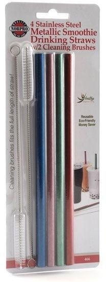 Norpro - Pack of 4 Stainless Steel Smoothie Straws with 2 Brushes - 466