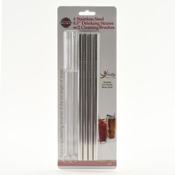 Norpro - Pack of 4 Stainless Steel Straight Straws with 2 Brushes - 470