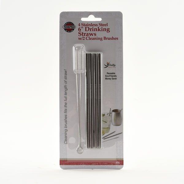 Norpro - Pack of 4 Stainless Steel Straws with 2 Brushes - 454
