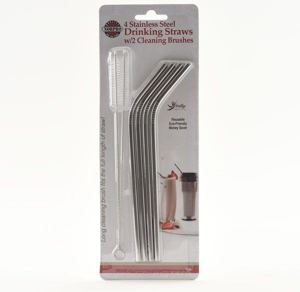 Norpro - Pack of 4 Stainless Steel Straws with 2 Cleaning Brushes - 436