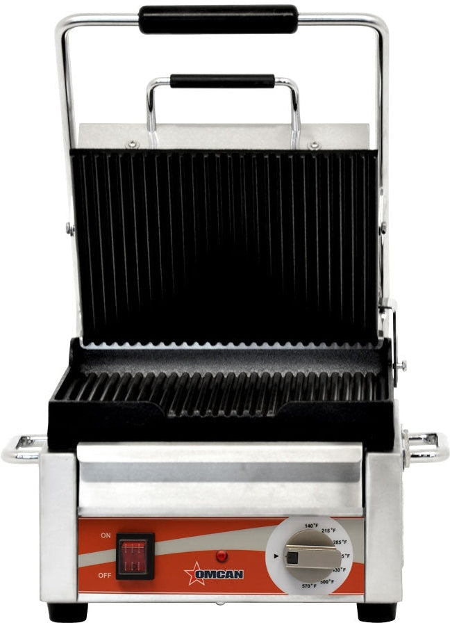 Omcan - 10” x 11” Single Panini Grill with Grooved Surfaces - PG-CN-0515-R