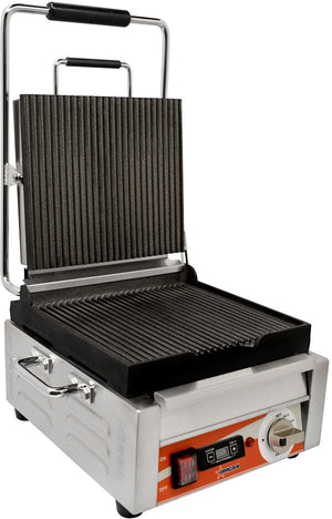 Omcan - 10” x 11” Single Panini Grill with Timer & Grooved Surfaces - PG-CN-0515-RT