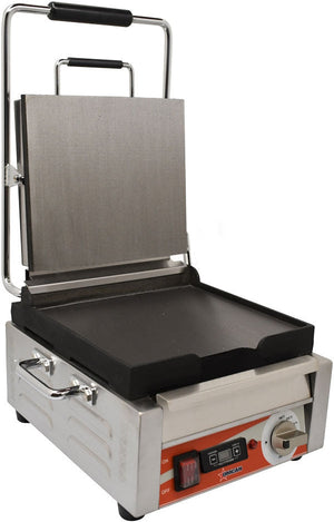 Omcan - 10” x 11” Single Panini Grill with Timer & Smooth Surfaces - PG-CN-0515-FT