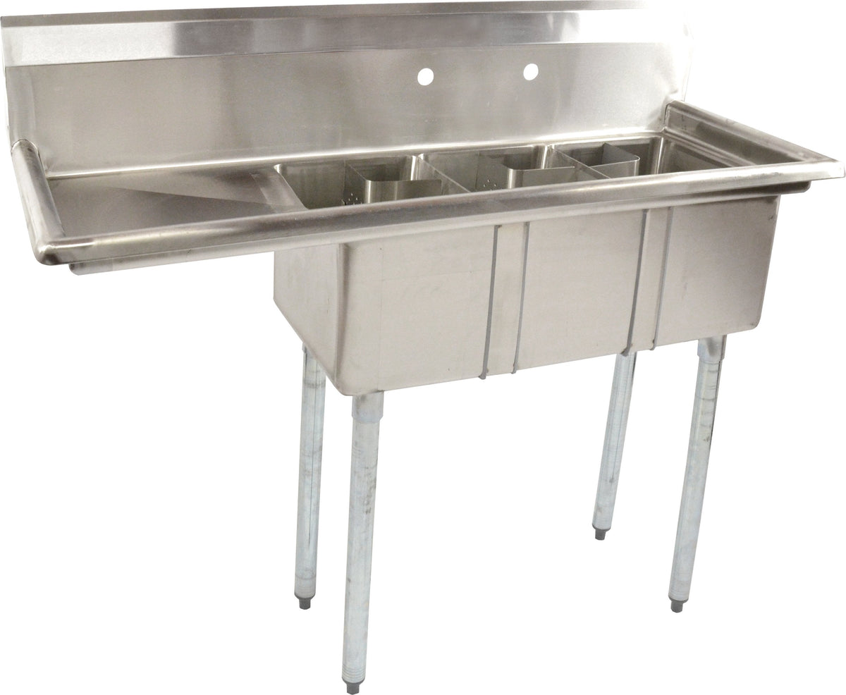Omcan - 10” x 14” x 10” Three Tub Sink with Corner Drain & Left Drain Board - 39762