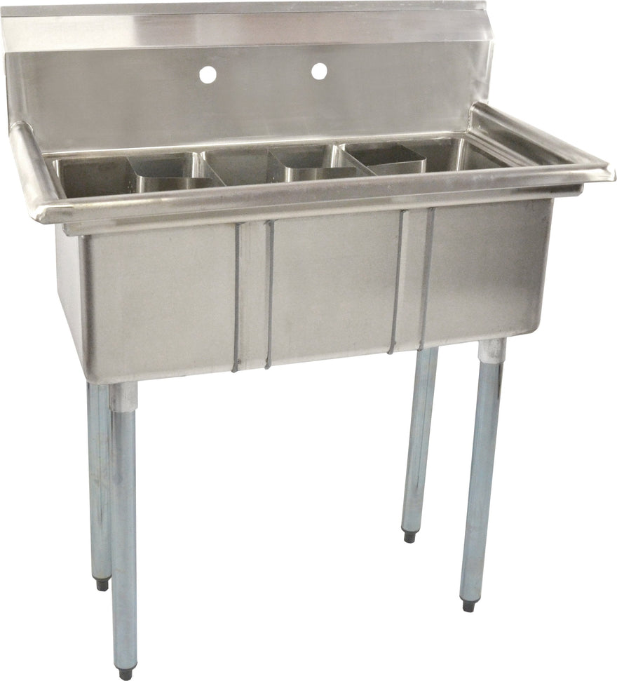 Omcan - 10” x 14” x 10” Three Tub Sink with Corner Drain & No Drain Board - 39761