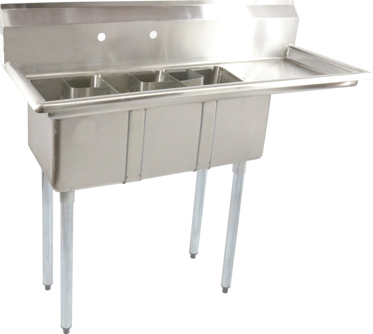 Omcan - 10” x 14” x 10” Three Tub Sink with Corner Drain & Right Drain Board - 39763