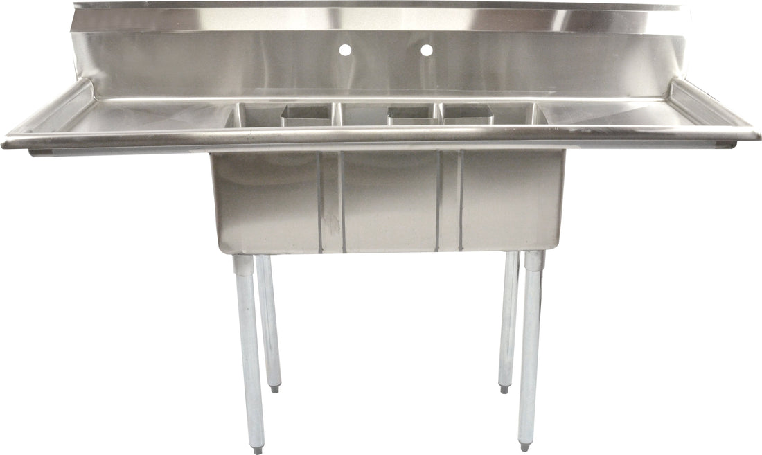 Omcan - 10” x 14” x 10” Three Tub Sink with Corner Drain & Two Drain Boards - 39764