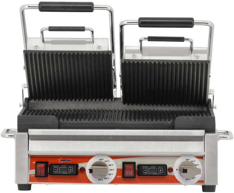 Omcan - 10” x 18” Double Panini Grill with Timer & Grooved Surfaces - PG-CN-0711-RT