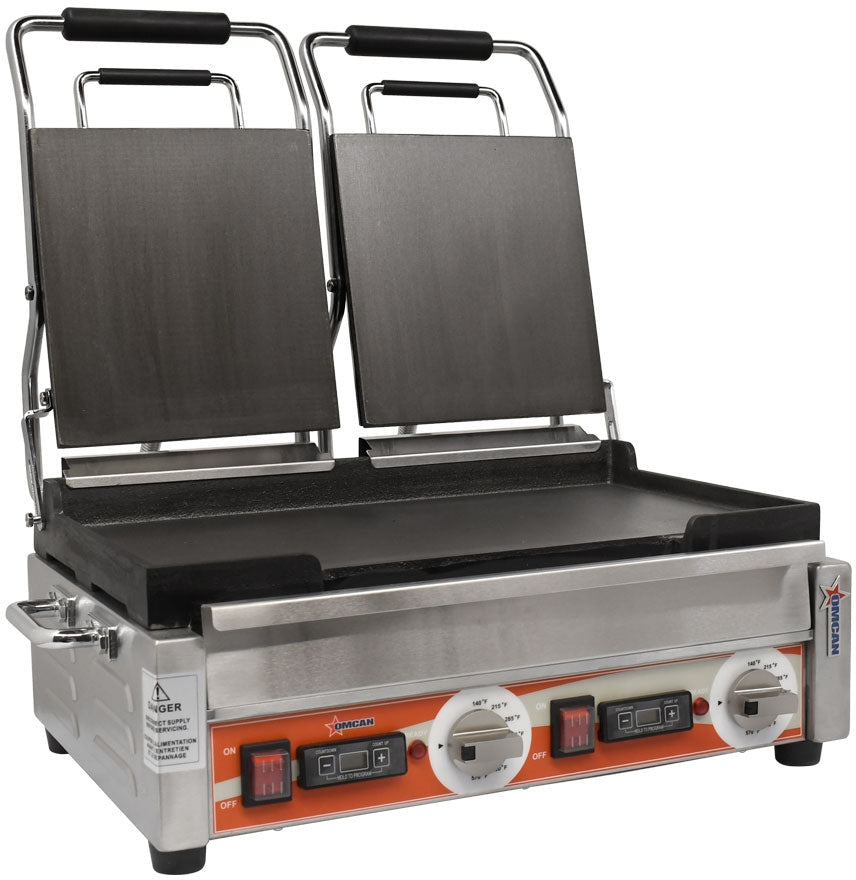 Omcan - 10” x 18” Double Panini Grill with Timer & Smooth Surfaces - PG-CN-0711-FT