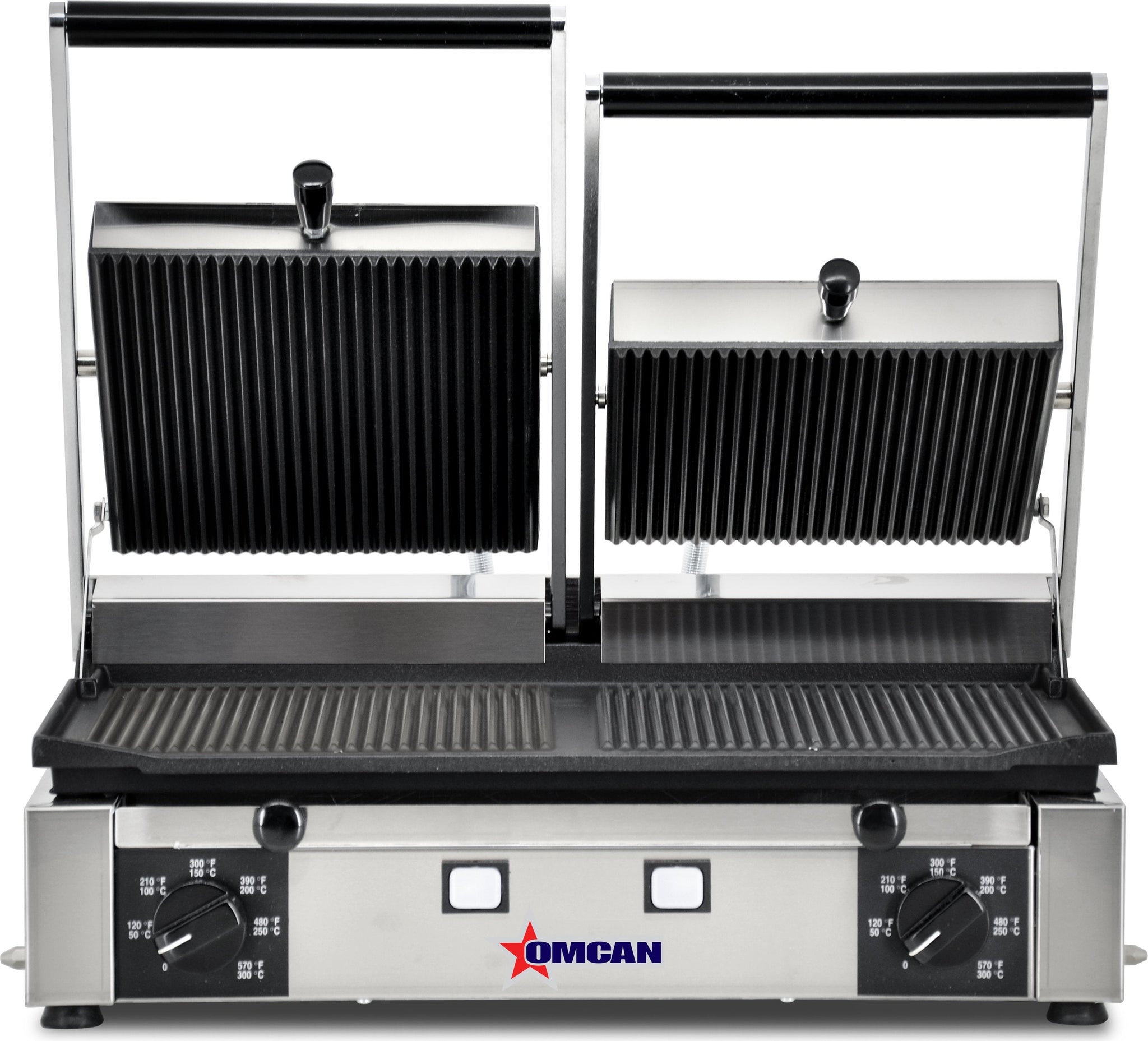 Omcan - 10" x 19" Double Panini Grill with Grooved Surfaces - PG-IT-0737-R