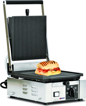 Omcan - 10" x 9" Single Panini Grill with Grooved Surfaces - PG-IT-0483-R