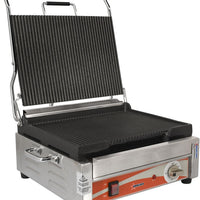 Omcan - 12” x 15” Single Panini Grill with Grooved Surfaces - PG-CN-0679-R