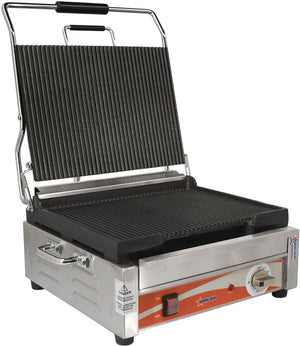 Omcan - 12” x 15” Single Panini Grill with Grooved Surfaces - PG-CN-0679-R