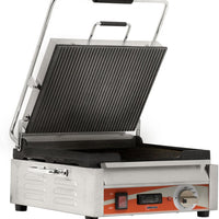 Omcan - 12” x 15” Single Panini Grill with Timer & Grooved Surfaces - PG-CN-0679-RT