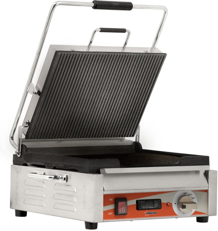 Omcan - 12” x 15” Single Panini Grill with Timer & Grooved Surfaces - PG-CN-0679-RT
