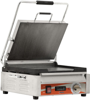 Omcan - 12” x 15” Single Panini Grill with Timer & Smooth Surfaces - PG-CN-0679-FT