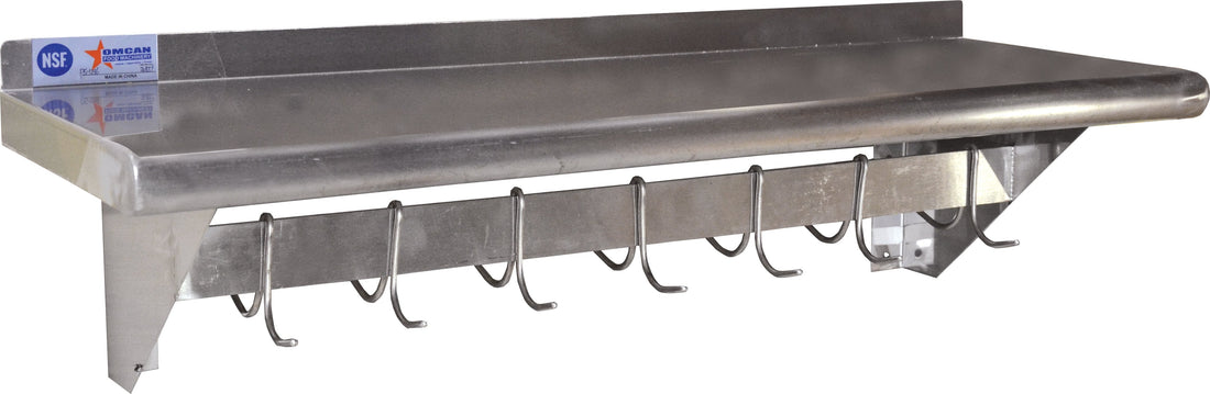 Omcan - 12” x 60” Pot Rack with Shelf & 11 Hooks - 31853