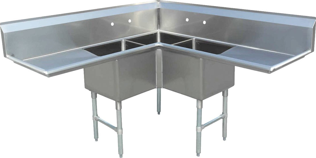Omcan - 18" x 18" x 14" Corner Sink with Two Drain Boards - Three Tubs & Center Drains - 43073
