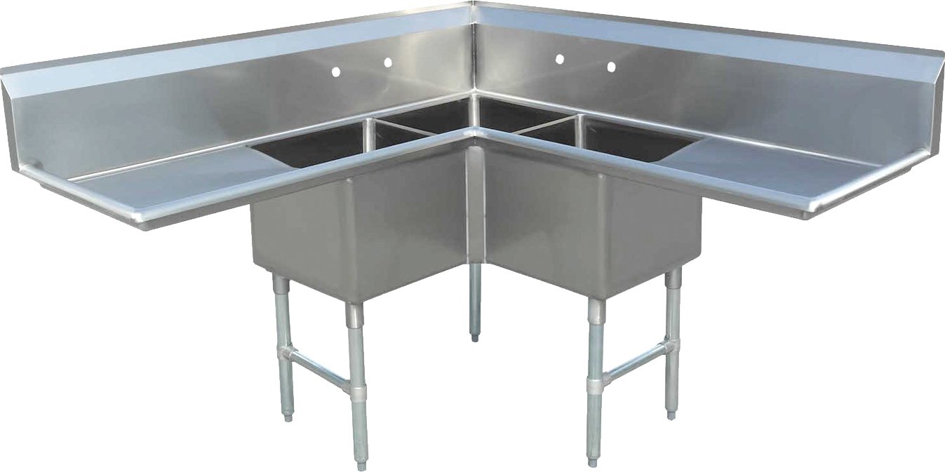Omcan - 18" x 18" x 14" Corner Sink with Two Drain Boards - Three Tubs & Center Drains - 43073
