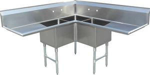Omcan - 18" x 18" x 14" Corner Sink with Two Drain Boards - Three Tubs & Center Drains - 43073
